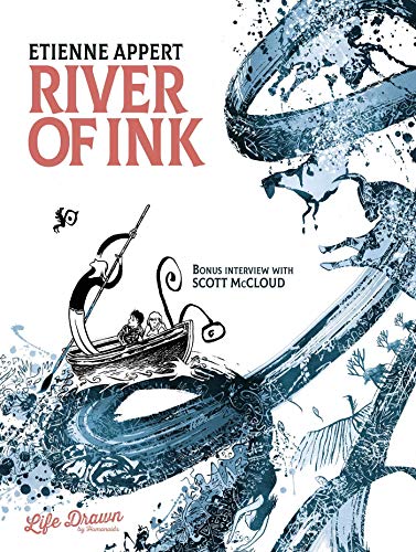 Book cover: “River of Ink” with a boat on swirling ink waves.