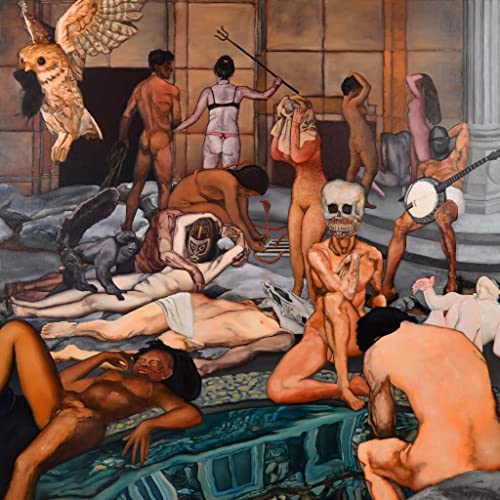 Surreal painting of nude figures and mythical creatures in a classical setting.