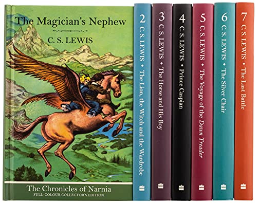 Seven Chronicles of Narnia books lined up, showing cover art.