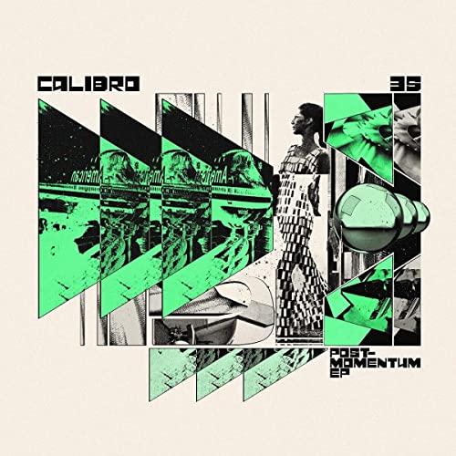 Album cover for Calibro 35's "Post Momentum" with geometric shapes and figures.