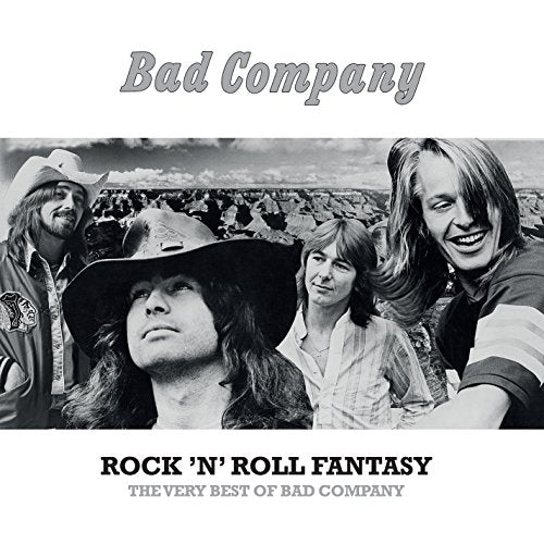 Black and white photo of Bad Company band members, album cover.