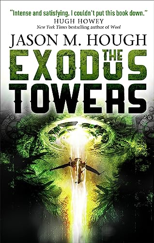 Book cover: “The Exodus Towers” with a futuristic cityscape and aircraft.