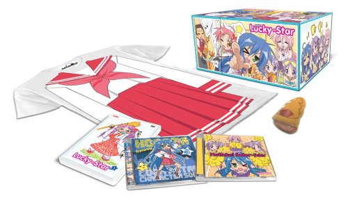 “Lucky Star” anime box set with CDs, school uniform, and a Konata Izumi hand.