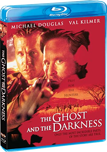 Blu-ray cover for "The Ghost and the Darkness" featuring Michael Douglas and Val Kilmer.