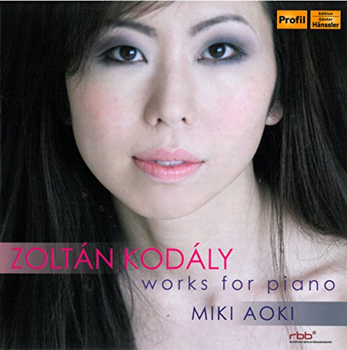 CD cover featuring a portrait of pianist Miki Aoki and text “Zoltán Kodály”.