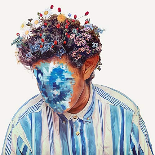 Painted portrait of a man with flowers in hair and blurred face.