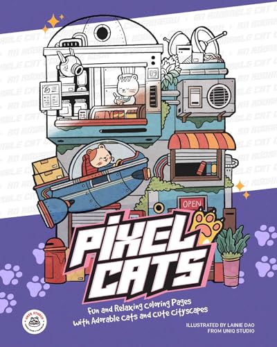 Pixel Cats : Fun and Relaxing Coloring Pages with Adorable Cats and Cute Cityscapes