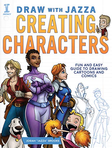 Book cover: “Draw With Jazza - Creating Characters” with illustrated figures.
