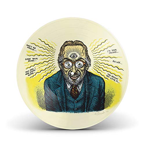 Yellow vinyl record with illustrated portrait of a man with three eyes.
