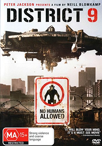 District 9" DVD cover featuring an alien spacecraft and "No Humans Allowed" sign.