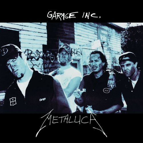 Metallica’s “Garage Inc.” CD cover: band members in front of a graffiti wall.