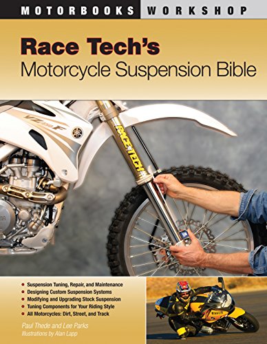 Book cover showing a mechanic working on a motorcycle front fork and a rider.