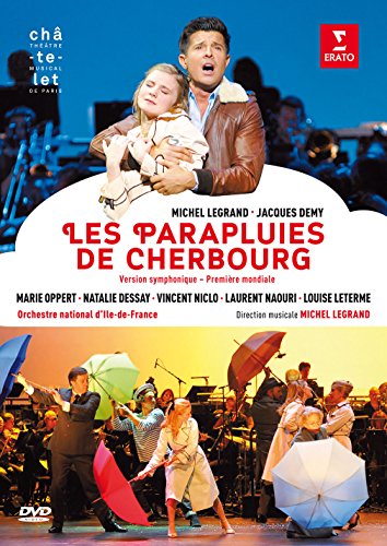 DVD cover for "Les Parapluies De Cherbourg" featuring performers with umbrellas.
