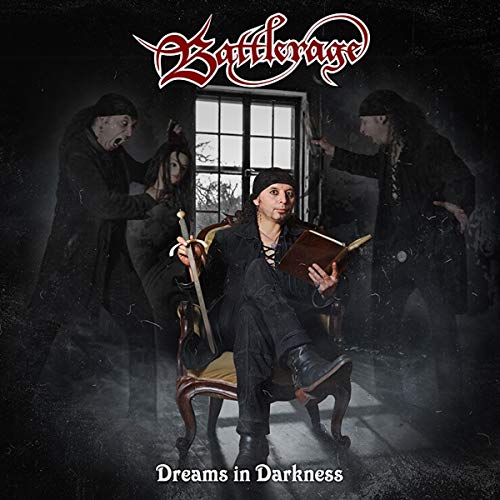 Dark album cover featuring a man reading with ghostly figures surrounding him.