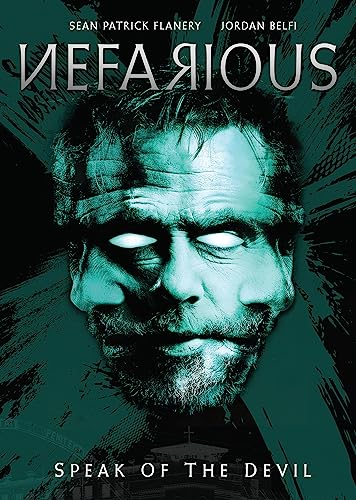 DVD cover for “Nefarious” featuring a man with glowing white eyes.