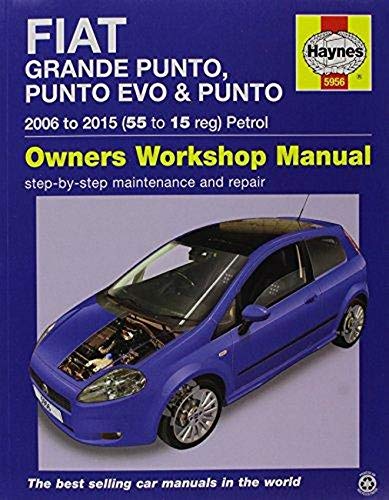 Haynes repair manual cover for Fiat Punto featuring a blue car with open hood.