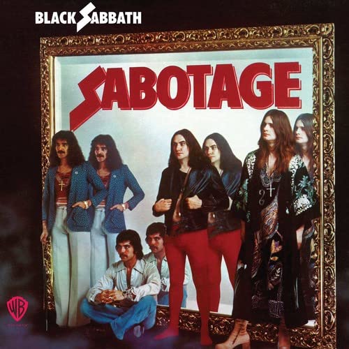 Black Sabbath’s “Sabotage” album cover featuring the band in 1970s attire.