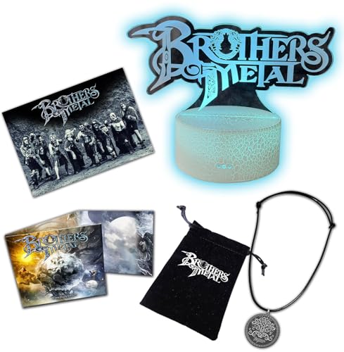 Brothers Of Metal" CD, necklace, booklet, and logo on a white background.