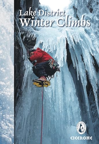 Ice climber on a frozen waterfall, book cover for Lake District climbs.