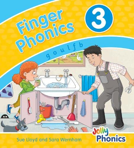 Colourful children's workbook with precursive letters, phonics illustrations, and finger placement guidance.