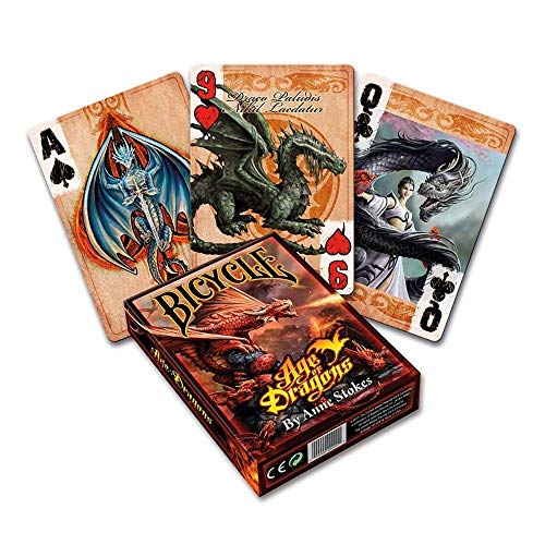 Bicycle playing cards featuring dragon artwork on a dark red deck.