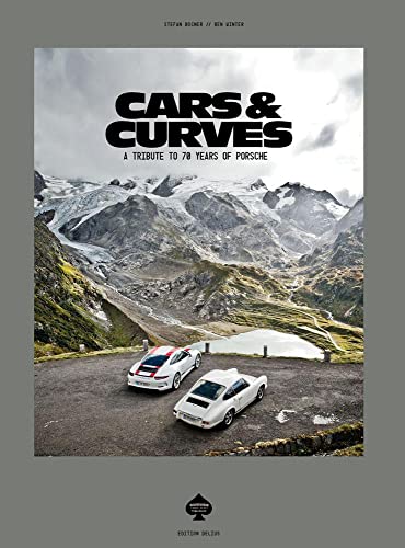 Book cover showing two white Porsche cars parked in front of a mountain landscape.