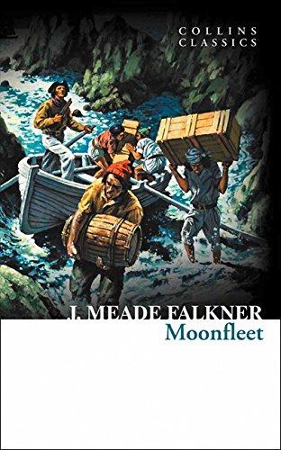 Book cover: “Moonfleet” depicts men rowing a boat with smuggled goods.