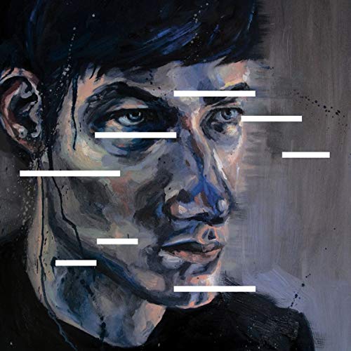 Painted portrait of a man with white lines obscuring his face.