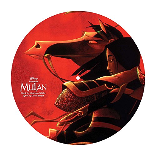 Red vinyl record featuring Mulan and Mushu from the Disney film.