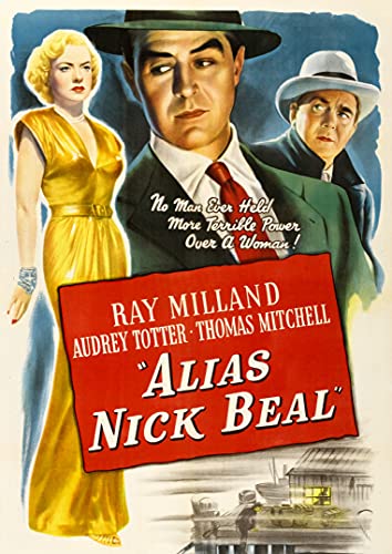 Film poster for "Alias Nick Beal" featuring three figures and a building.