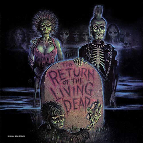 Zombies stand behind a tombstone with The Return of the Living Dead title text.