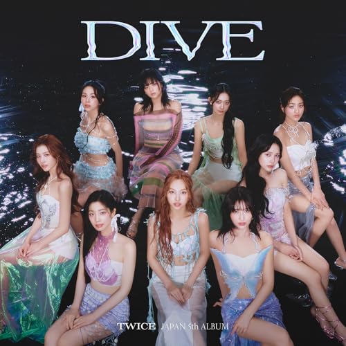 Nine women of Twice in flowing dresses against a dark, watery background.