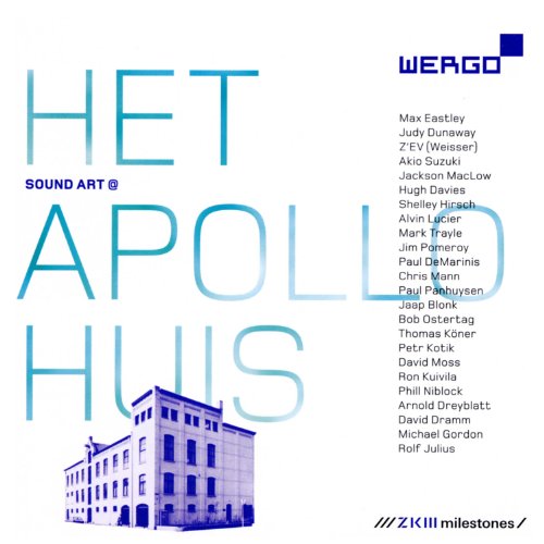 CD cover with blue text HET APOLLO HUIS, artist list, and building illustration.