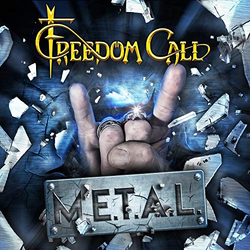CD cover for Freedom Call’s “M.E.T.A.L.” featuring a hand making the rock-on sign.