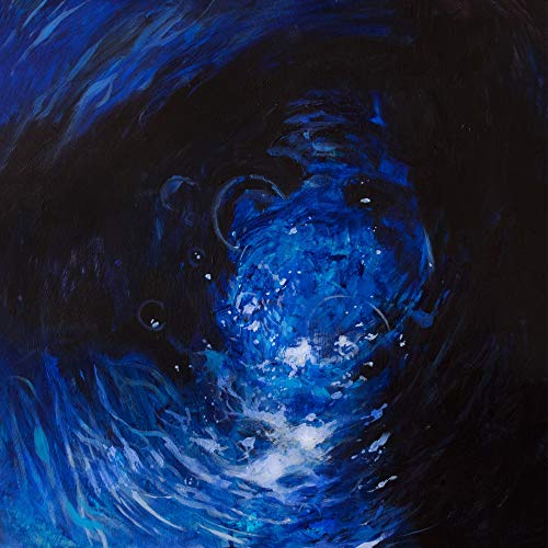 Abstract blue and white painting resembling swirling water or a vortex.