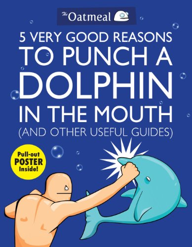 Book cover: man about to punch a dolphin, blue background.
