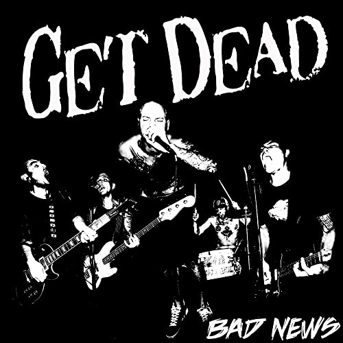 Black and white photo of a punk rock band performing live.