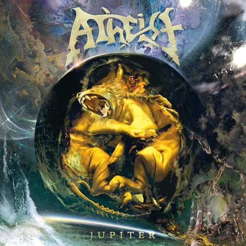 Album cover for Atheist’s “Jupiter” featuring a lion within a planetary sphere.