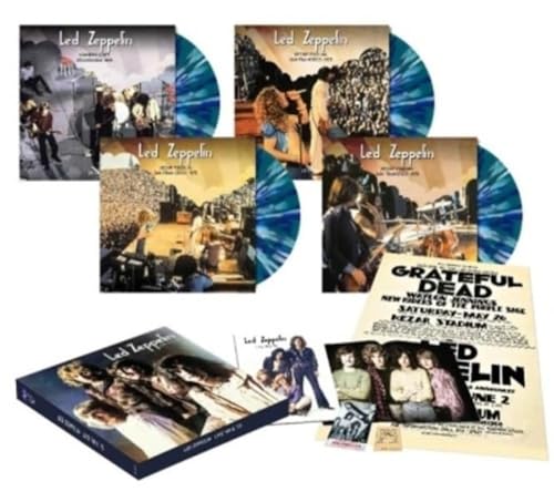 Led Zeppelin vinyl record set with blue records and concert photos.