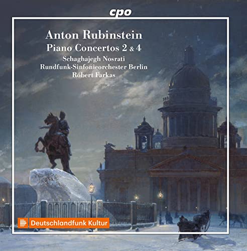 CD cover: Anton Rubinstein piano concertos with a wintry cityscape.