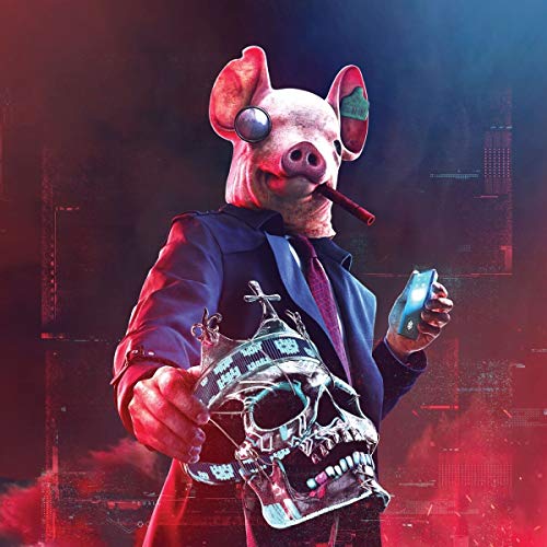 Pig-masked figure in a suit holds a skull and a phone, city backdrop.