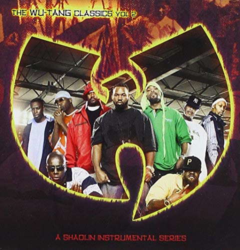 Wu-Tang Clan members posing inside a glowing yellow Wu-Tang logo on a dark background.