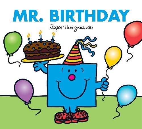 Blue Mr. Men character holding a birthday cake with balloons.