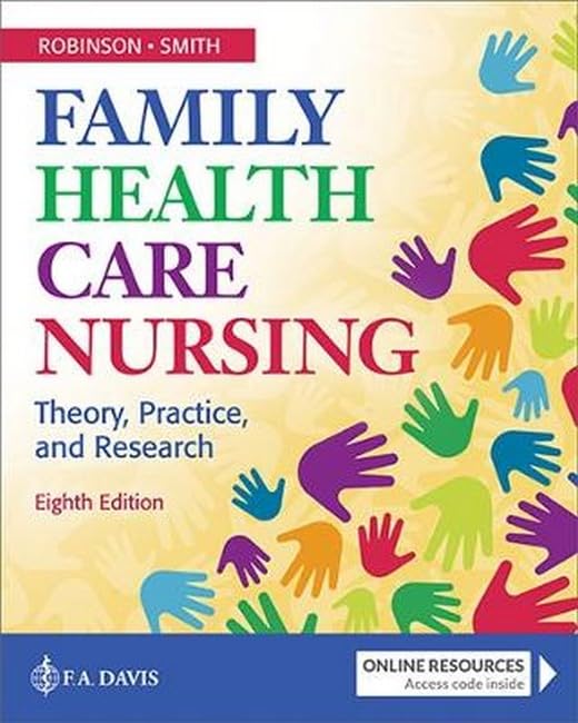 Book cover: "Family Health Care Nursing," eighth edition, with colorful handprints.