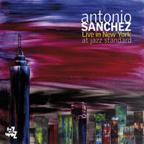 Antonio Sanchez album cover with abstract cityscape in red and blue.