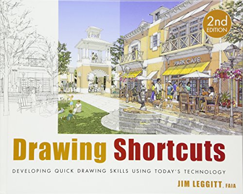 Book cover: "Drawing Shortcuts" with sketched building and people illustration.
