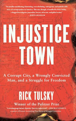 Book cover for "Injustice Town" with large white text on a red, map-like background.
