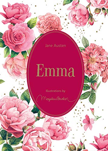 Book cover for Emma by Jane Austen, featuring watercolor pink roses on a white background.