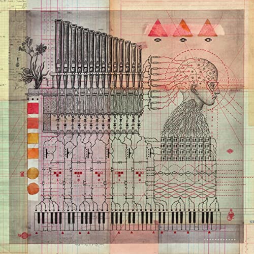 Intricate illustration of a pipe organ, head, and keyboard with geometric shapes.