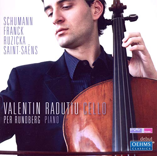 Cello player Valentin Radutiu with his instrument, album cover art.
